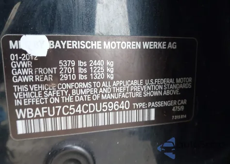 2012 BMW 535I xDrive z USA, uszkodzony, nr VIN WBAFU7C54CDU59640